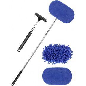 3 in 1 Car Windshield Cleaner Tool 40"Car Rearview Mirror Wiper Squeegee Wash Brush Extra Large Washable Microfiber Pad Extendable Handle Auto Window Glass Cleaning Kit Interior Exterior Dusting