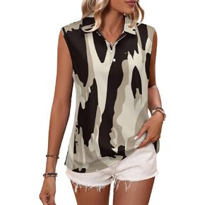 Womens Leopard Print Coffee Brown Stripes Sleeveless Golf Shirt Athletic Tank Tops Ladies Casual Summer Animal Fur Stripe Golf Wear Polo Tennis Shirts for Women Medium