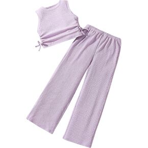 الفتيات 2 قطع الملابس rouched أكمام أعلى دبابة و pant ساق مستقيمة مجموعة