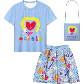 LQSZ Girls Outfit Summer Party Dress Thirt تنانير مع حقيبة من 3 قطع تعيد إلى المدرسة توتو للأطفال الصغار 4-12 سنة