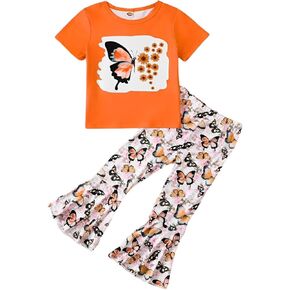 Toddler Girl Clothes Short Sleeve Top + Butterfly Print Flare Leg Pants Set 2PC Summer Kids Clothing