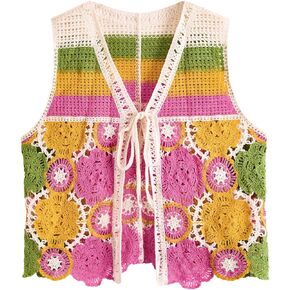 Verdusa Women's Boho Floral Crochet Sweater Vest Tie Front Knitted Sleeveless Cardigan
