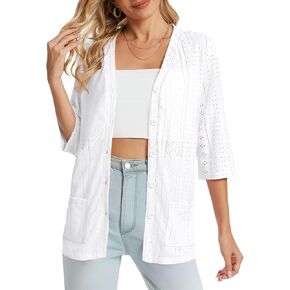 DB MOON Womens Summer Lightweight Cardigan 3/4 Sleeve Shrugs Light Weight Spring Open Front Sweaters with Pockets