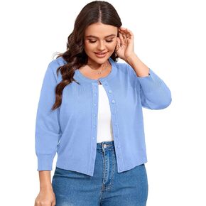 ShopWonder Women Plus Size Cardigan 3/4 Sleeve Crew Neck Bolero Button Down Sweaters Open Front Knit Bolero Shrugs