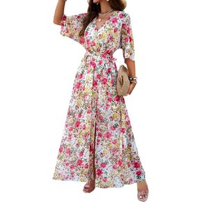 Womens Half Sleeve Wrap v الرقبة شيفون الأزهار غير الرسمية الفستان الربيعي الربيع الصيفي الزفاف ضيف للنساء 2025