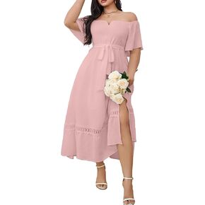 RWJ Women's Plus Size Dress for Cocktail Wedding Guest Italial V Neck Off the Counder Maxi Dress مع حزام