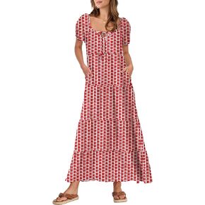 ANRABESS Women's Boho Maxi Dresses 2025 Summer Casual Floral Puff Short Sleeve Tie Front Flowy Swing Tiered Long Beach Dress in Kuwait