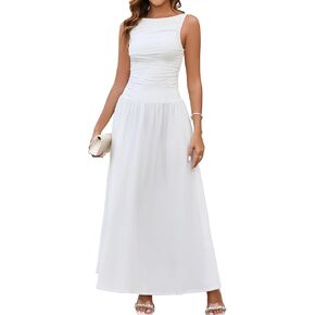 EYNMIN Summer Sleeveless Long Dress Crewneck Ruched Tank Flowy A Line Casual Formal Wedding Guest Dresses for Women in Kuwait