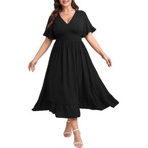SHETARR Women Plus Size V Neck Maxi Dress Short Sleeve Smocked Waist Ruffle Hem Flowy Summer Formal Dresses for Wedding Guest