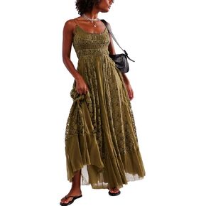 Gacaky Summer Dress for Women Casual Lace Floral Embroidered Bohemian Maxi Dress Flowy A Line Beach Long Dress