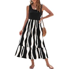 AUSELILY Womens Summer Dresses 2025 Sleeveless Maxi Dress Square Neck Casual Tiered Long Dress with Pockets