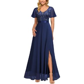 Miusol Women's V-Neck Sequin Lace Classy Ruffle Sleeve Bridesmaid Maxi Dress