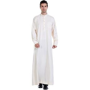 Men Arabic Long Sleeve Muslim Thobe Kaftan Robe Pure Color Thobe Crew Stand Collar Kaftan Robe