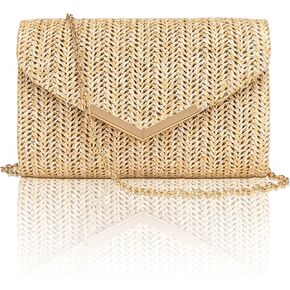 Larcenciel Straw Purse for Women, Summer Woven Beach Purse Trendy with Chain Strap, Boho Envelope Evening Clutch Handbag, Brown Crossbody Shoulder Party Bag for Wedding, Prom, Cocktail Night, Vacation