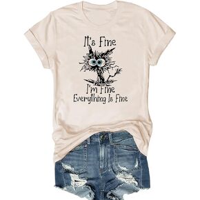 Women's I'm Fine Everything is Fine T-Shirts Short Sleeve Sayings Oversized Casual Cute Cat Graphic Tee Blouse Tops in Kuwait