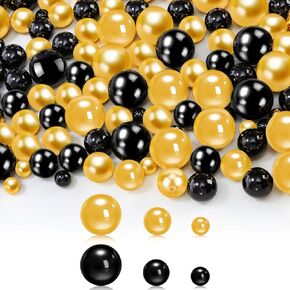 Okllen 600 Pcs Vase Filler Floating Pearls, Bulk Black Gold Pearls Bead for Centerpieces, Faux Pearls for Vase Candle Centerpiece, Wedding Birthday Party Table Decor, 8/14/20 mm, No Hole