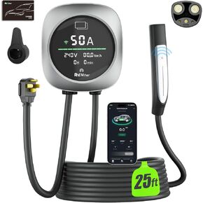 50A Level 2 Tesla EV Charger with NACS Connector, Smart App Control, Large Display, RFID Access, 14-50 Plug, 25FT Cable – Electric Vehicle Home Wall Charging Station for All Tesla