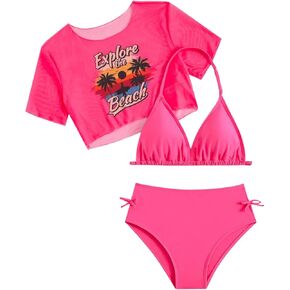 Girl's 3 Piece Swimsuit Halter Backless High Waisted Bathing Suit with Tropical Cover Up