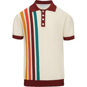 OXKNIT Men's Knitted Vintage Polo Shirt Casual Poloshirts Short Sleeve Summer Shirt with Stripe Design