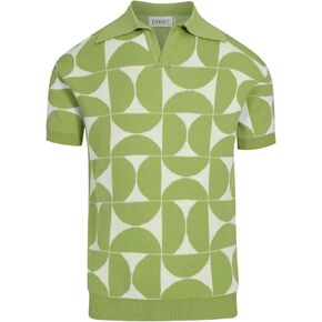 Men's Knitted Retro Poloshirt, 1960s Mod Style Vintage Pattern Short Sleeve Shirt V-Neck Green