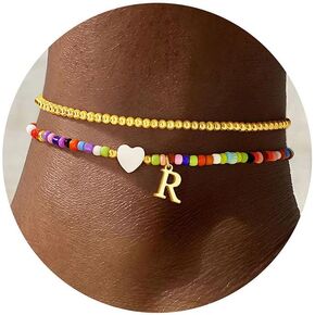 Yoosteel Gold Beaded Heart Initial Ankle Bracelets for Women - 14K Gold Plated Layered Letter Anklets Personalized Jewelry Gifts