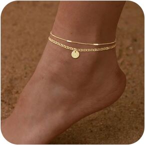 Initial Ankle Bracelets for Women 14K Gold Plated Dainty Layered Round Letter Anklets Beach Jewelry Gift