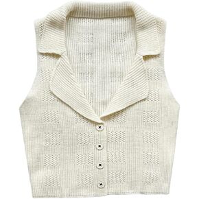 SHENHE Women's Notch Lapel Collar V Neck Button Up Sleeveless Cropped Sweater Vest Top