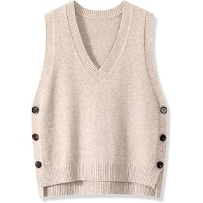 Womens Knit Sweater Vest Side Button Down Pullover Sleeveless V Neck Knit Sweater Vest