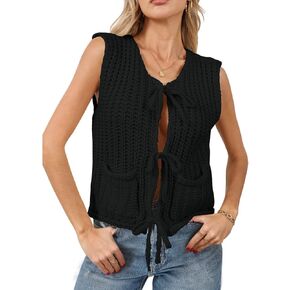 Trendy Cardigan Sweater Vest for Women Crochet Chunky Knit Top Sleeveless Bows Bandage Crop Tops with Pockets