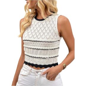 MakeMeChic Women's Crochet Crew Neck Tops Ruffle Scallop Sleeveless Sweater Vest