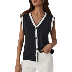 WDIRARA Women's Contrast Binding Cap Sleeve Sweater Vest Button Front V-Neck Tank Tops