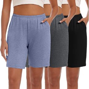 Neer 3 Pack Women's Cotton Shorts Casual Elastic High Waisted Knee Length Summer Lounge Bermuda Shorts with Pockets