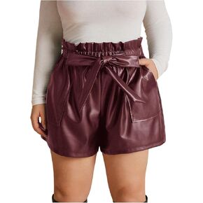 Women's Plus Size PU Leather Shorts Bow Tie Knot Elastic High Waisted Loose Shorts with Pockets