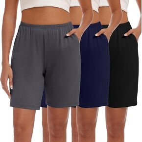 Neer 3 Pack Women's Cotton Shorts Casual Elastic High Waisted Knee Length Summer Lounge Bermuda Shorts with Pockets in Kuwait
