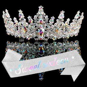 Chanaco Sweet 16 Birthday Sash & Tiara - 16th Birthday Crown & Sash, Tiara for Women, Party Decoration & Supplies