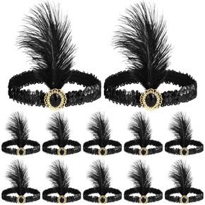 12 PCS 1920s Flapper Beadbands ، عروض رأس ريش أسود عتيقة للنساء ، عصابات الشعر الكلاسيكية إكسسوارات الشعر
