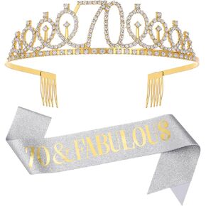 Sliver Gold "70 & Fabulous"Sash & Rhinestone Tiara Set, 70th Birthday Gifts for Women, Birthday Sash/Tiara for Women's 70th Birthday Party Decoration (Sliver 70th)