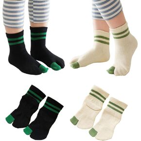 2 Pairs Cotton Two Big Toe Split Tabi V Socks Athletic Running Casual Seperated Stripe Socks for Kids Girls Boys 3-12 Years