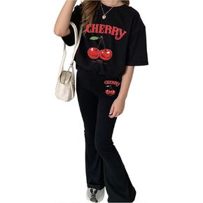 Girl's 2 Piece Outfits Cherry Print Short Sleeve Crewneck Tees and Flare Pants Casual Clothing Set