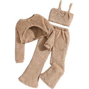 SweatyRocks Girl's 3 Piece Outfits Long Sleeve Crop Sweatshirt and Cami Crop Top with Flared Pants Fuzzy Set