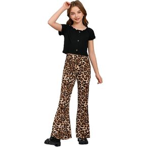 WDIRARA GIRL'S 2 قطعة زر TEE الأمامية وطباعة الفهد طباعة سروال الساق