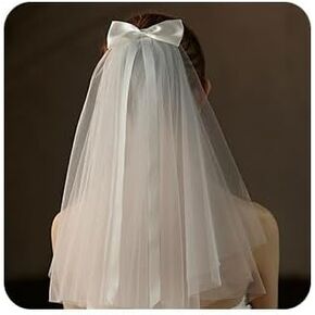 Bow Veil Short Veils White Bridal with Hair Clips 2 Tier Tulle Veils Bachelorette Party Veil for Women Wedding