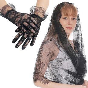 2 Pcs Lace Veil Gloves Set for Women, Funeral Headband Church Catholic Bridal Wedding Black Headband Halloween Vintage Headdress