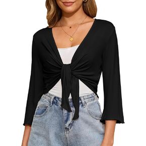 Womens Tie Front Shrug 3/4 Sleeve Bolero Cardigan Sheer Shrug Sweater Knotted Casual Lightweight Short Shawl Tops