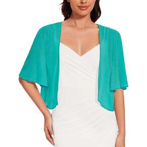 Women Bolero Shrug Cardigan Open Front Cover Up Sheer Short Sleeve Kimonos for Evening Dress(Blue Green,XL