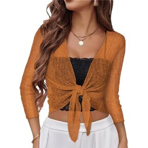 Women Crop Cardigan Sheer Mesh Bolero Shrug for Dress Tie Front 3/4 Sleeve Tops