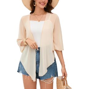 امرأة تتجاهل التعادل الجبهة 3/4 جرس الأكمام محصول Cardigan لللباس فستان شيفون الصيف تغطية لأعلى
