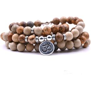 108 Natural Beads Mala Yoga Jewelry Meditation Beads Bracelet Necklace with OHM Charm (Picture Jasper)