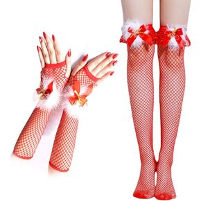 Sexy Christams Red Fishnet Thigh High Stockings Fingerless Gloves with Bell Xmas Costume Accessories For Women