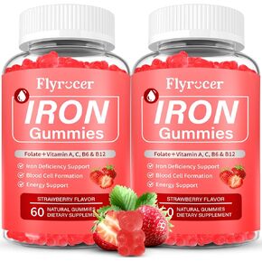 2 Pack Iron Gummies for Men and Women, Energize, Combat Fatigue, Support Anemia Recovery. Packed with Iron, Folate, Vitamin C, in Vegan Strawberry Flavor, 120 Gummies